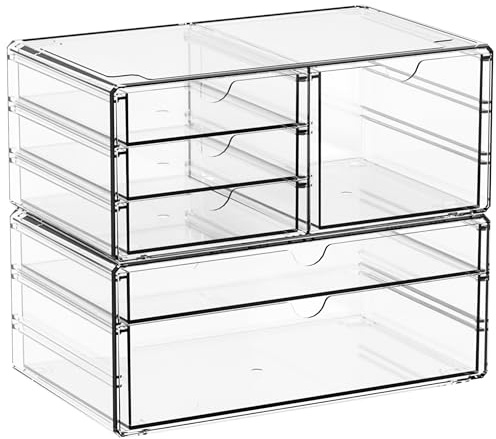 Yieach 2 Pack Acrylic Drawer Organizer With 6 Drawers,Stackable 11.1” Large Clear Storage Drawers and Makeup Organizer For Vanity,Bathroom Countertop,Cabinet,Pantry,Office Supply Storage Bins Drawers