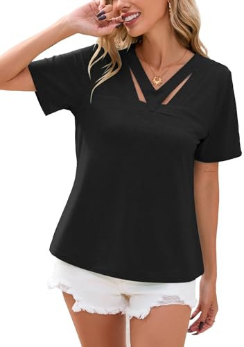 Famulily Women's Black T Shirt Short Sleeve Summer Loose Comfy Tops V Neck Cut Out Tee Shirt (XXL, Black)