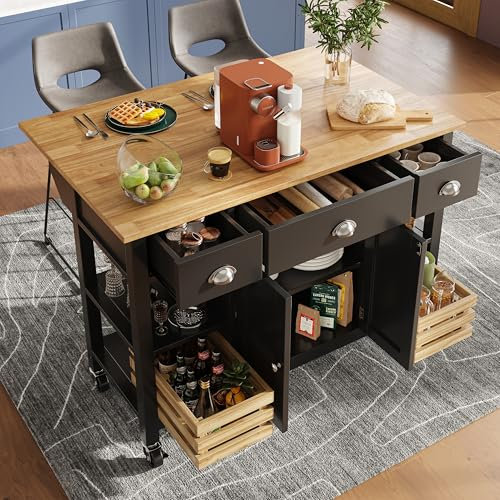 Huayz Isla de cocina, comedor, carrito de madera, mueble de comedor, multifunción, con cesta de pino, cesta de almacenamiento, 120 × 45 × 90 cm
