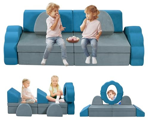 MINENICE Kindersofa 10-teiliges modulares Kinder-Spielsofa aus Schaumstoff Mit Leuchteffekt, Farblich Abgestimmtes Design (Kindersofa 10-teiliges Set - Grau und Blau)