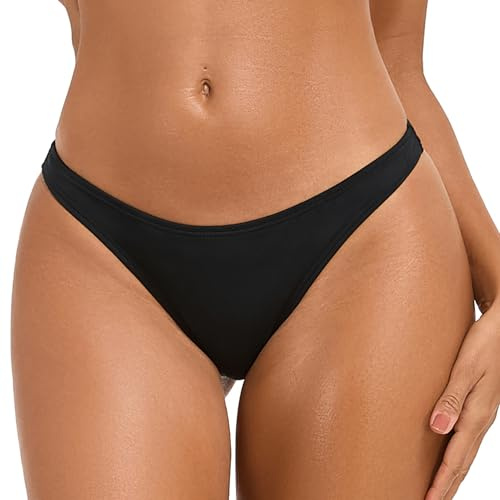 Deewrichy Women's Brazilian Thong Bikini Bottoms Low Rise Fully Lined V-Cut Ruched Swim Briefs Black,8