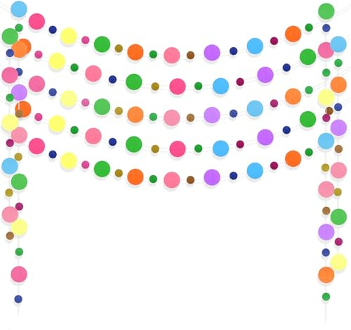 5 Pcs Colorful Dots Paper Garland, 65.5 Ft Dot Garland for Candy Decor - Glitter Round Streamers Party Decorations, Hanging Rainbow Circle Garlands for Birthday Wedding Baby Shower Event Supplies