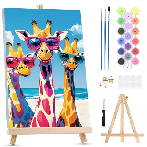 QENSPE Måla efter siffror för vuxna på inramad duk - med staffli, tre giraffer målade efter siffror kit, djur tecknad akryloljemålning för heminredning (20 x 30 cm)