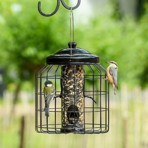 CJ Wildlife Mangeoire Oiseaux Exterieur à Suspendre – Mangeoire Silo pour Oiseaux – Distributeur Graines Oiseaux 2 en 1 avec Cage de Protection en Plastique et Métal Noir Resistance Écureuils