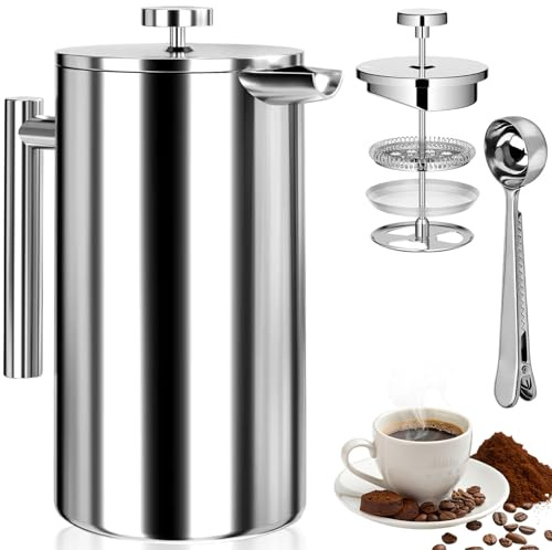 350ml Caffettiera Francese con Cucchiaio, French Press Calore Isolamento Acciaio Inox, Caffettiera Stantuffo Doppia Parete con Filtro 3 Strati, Macchina Caffè per Campeggio,Viaggio,Domestico (Argento)