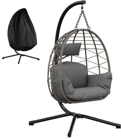 Fauteuil Suspendu Œuf en Rotin avec Support, Pliable & Hauteur Réglable – Housse Imperméable Incluse – Résistant aux Intempéries, Montage Ultra Facile – Idéal pour Jardin, Terrasse, Balcon et Intérieu