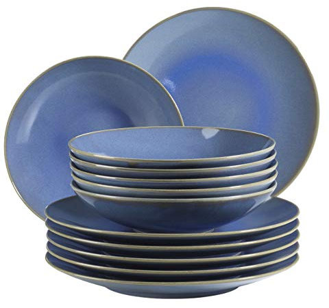 MÄSER 931554 Ossia, Teller-Set für 6 Personen im mediterranen Vintage-Look, 12-teiliges modernes Tafelservice mit Suppentellern und Speisetellern in Hellblau, Keramik