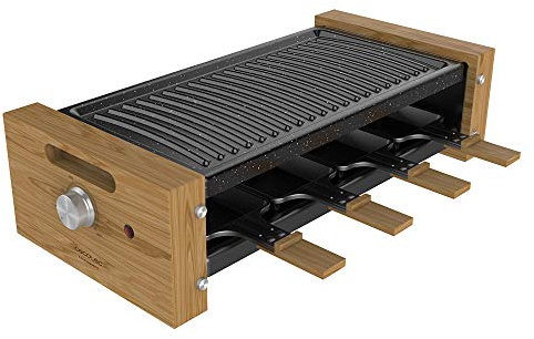 Cecotec Holz Raclette Käse & Grill 8200 Holz Schwarz. 1200 W, Grillfläche, 8 Einzelpfannen, Antihaftplatte, einstellbarer Thermostat, abnehmbares Design (Holz, Grill)