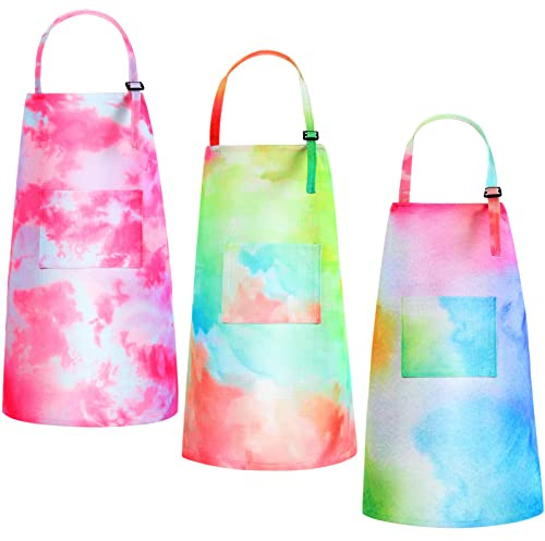 SATINIOR 3 Pcs Kids Painting Aprons Tie Dye Art Apron Adjustable Cooking Baking Artist Smock With Pocket For Kids Child Home Kindergarten Party Supplies Boys Girls, 3 Styles