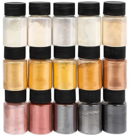 Ideen mit Herz Mica-Pulver | Farb-Pigmente mit Metallic-Effekt | ideal zum Mischen mit Resin, Epoxidharz, Kerzenwachs, als Seifenfarbe | 15 Stück | je 10 g (Edelserie metallic)