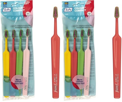 TePe Colour Compact x-Soft – Set de 4 cepillos de dientes para niños y adultos – Cepillo de dientes manual de textura extra suave – Kit de limpieza dental en colores variados (Paquete de 2)