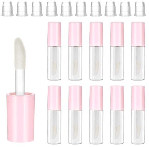 10Pcs Empty Lip Gloss Tubes 1.2ml Pink Round Lipgloss Tubes Clear Mini Refillable Lip Balm Bottles Big Brush Lip Gloss Tube Cosmetic Containers Bottles for Lipstick Samples Lip Balms Travel Split