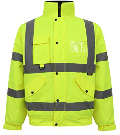 Hi Vis High Visibility Safety Security Reflective Protective Waterproof, Windproof Padded Workwear Bomber Jacket Coat With Concealed Hood Yellow XL