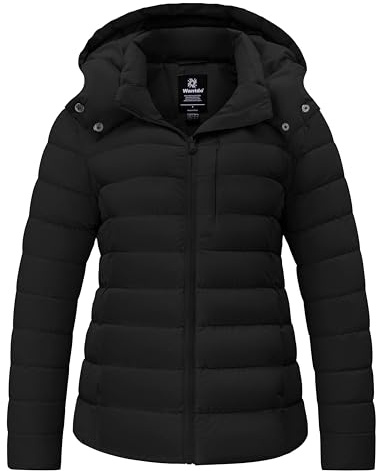 wantdo Women's Short Padded Coat Lightweight Warm Puffer Jacket with Hood(Black, Large)