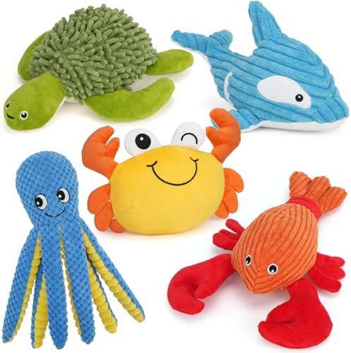 PrimePets Giocattoli di Peluche per Cani, Cuccioli, 5 pezzi, Giocattolo di Peluche per Cani, Giocattolo Interattivo (Animali Marini)