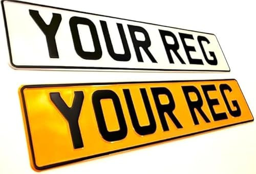 Metal Pressed Number Plates REFLECTIVE x2 Aluminium Embossed Plates car shows Germany White & Yellow Automative/Plates