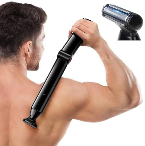 Back Shaver for Men, FERRISA Electric Body Groomer with Adjustable Handle, Wet & Dry Use, Cordless Rechargeable Trimmer, Pain-Free Hair Removal for Back, Chest & Body with 2 Shock Absorber Flex Heads