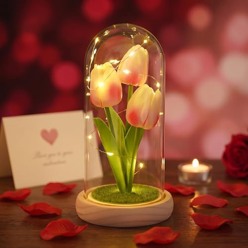GarveeMore Lámpara de Tulipán en Campana de Cristal con LED, Regalo Romántico San Valentín, Aniversario, Tulipán Eterno Decoración, Luz Nocturna, Blanco Cálido - Rosa