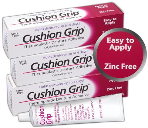 Cushion Grip Thermoplastic Denture Adhesive 1oz (3 Pack)–Extra Strong Hold Up to 4 Days, Unmatched Strength, Waterproof & Zinc Free, Relieves Sore Gums, Comfortable Refit, Long Lasting Denture Refit