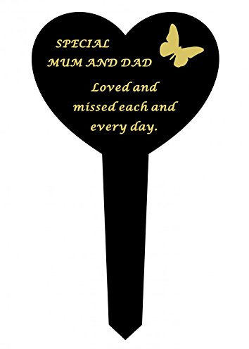 Mum and DAD - Black & Gold Plastic Memorial Heart Stake Graveside Spike Marker Crematorium