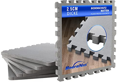 BodenMax® Eva Puzzlematte 2,5 cm Dick – Bis zu 150 % Dicker – Bodenschutzmatte Sportmatte Fitnessmatte rutschfest für Heimtraining & Geräte – 6/12/18 Teile – Schwarz oder Grau