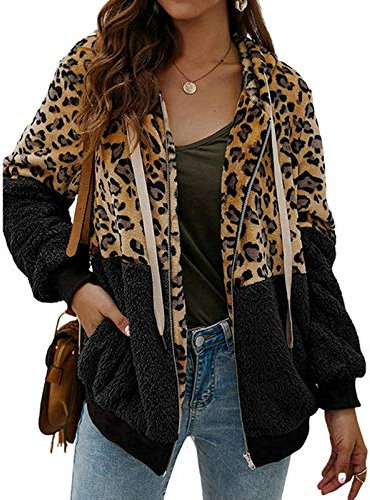 ABINGOO Damen Kapuzenjacke Warm Mantel Teddy-Fleece Plüschjacke Leopard Casuale Zip Hoodie Cardigan Outwear(Schwarz,XL)