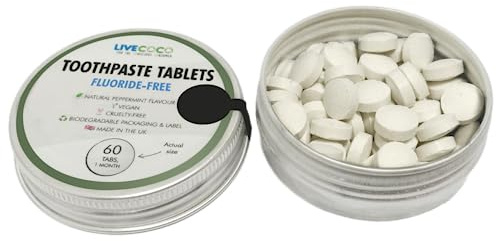 LiveCoco Remineralising Whitening Toothpaste Tablets, Fluoride-Free, Teeth Whitening Tabs for Clean Teeth and Fresh Breath, Vegan and Travel Friendly, Peppermint Flavour, Pack of 60 Tabs