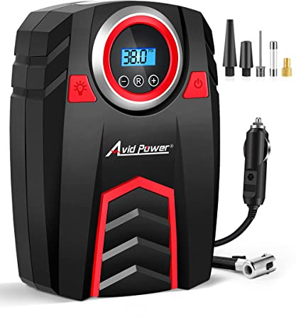 Avid Power 12V DC Air Compressor w/Digital Pressure Gauge, Car Tire Pump w/LED Light, Auto Shut-Off Tire Inflator for Car, Bicycles, Balls and Other Inflatables