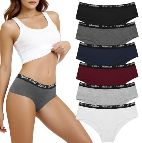 Libella Slip Donna Bassi in Cotone Elasticizzato Mutande Pacco da 6 | Slip comodi,elastici e traspiranti con fascia sportiva,adatti per uso quotidiano,fondo doppio,senza etichette,Hipster Intimo