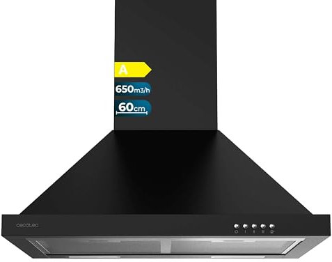 Cecotec Campana Extractora 60 cm Piramidal Bolero Flux PM 606500 Black A. Motor 165W, Acabado Inox, Succión 650m3/h, Control Mecánico, 3 Niveles de Potencia, Luz y Filtro de Carbono