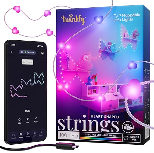 Twinkly Strings USB-C Heart 100 LED, Striscia Luci LED a Forma di Cuore, Luci LED Multicolore RGB, Luci San Valentino, Compatibile con Alexa, Google Home, Luci Mappabili, USB C, Filo Trasparente, 6m