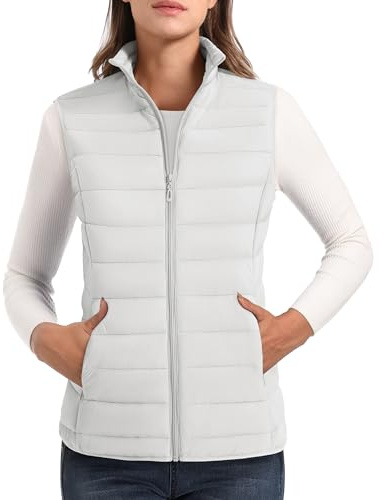 MAGCOMSEN Women's White Puffer Vest Lightweight Sleeveless Stand Collar Zip Puffy Jacket Winter Water-Resistant Padded Outerwear Vest M