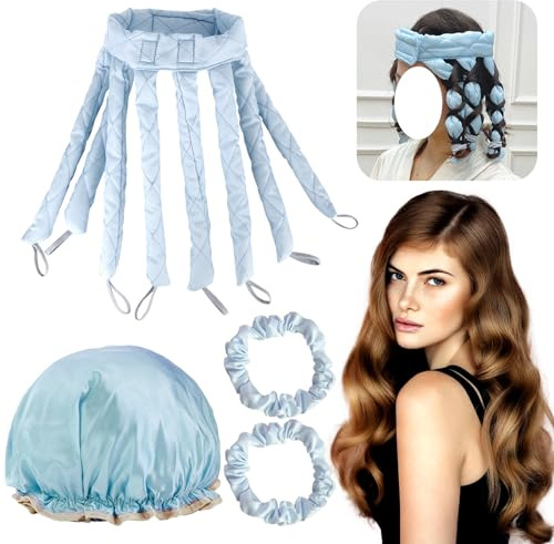 DKDDSSS Blu Disegno del Polipo Arricciacapelli Senza Calore, Heatless Hair Curler, Bigodino Lungo per Boccoli, Bigodini Morbidi per Dormire, Boccoli Capelli Senza Calore con Cuffia per Capelli