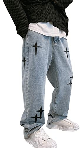 Jeans Uomo Baggy Hip Hop Ragazzi Streetwear Skateboard Y2K Vintage Stampati Skater, Blu, XXXL