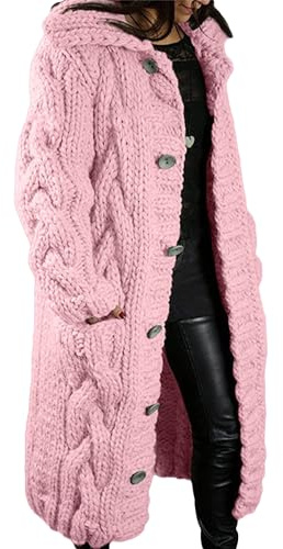 OULIWANGLUO Cardigan lungo da donna, caldo, a maglia, a maniche lunghe, con bottoni, casual, vestibilità ampia, maglione per l'inverno, Colore: rosa., XL