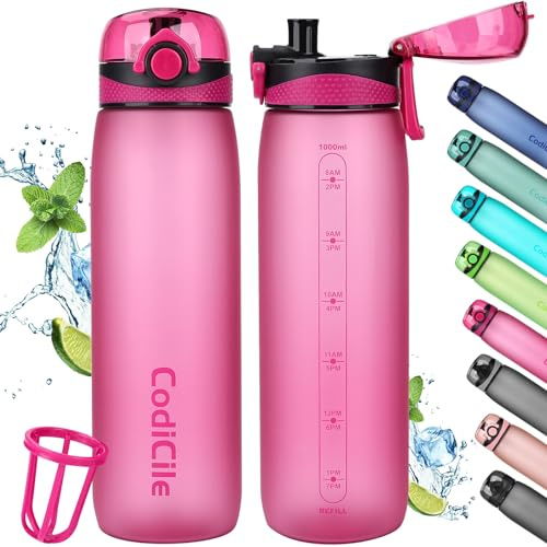 CodiCile Water Bottle 1L Tritan,BPA Free 1 Litre Water Bottle, Dishwasher Safe Sports Water Bottle, Leakproof Drinks Bottle with Time Marking and Filter for Gym, School,Outdoors,Rose red