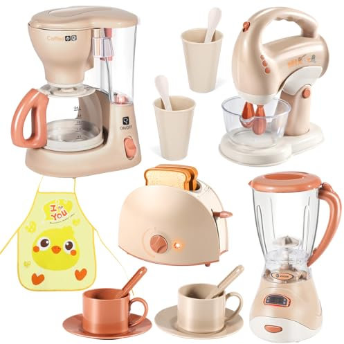 Spielzeug ab 3 Jahre - kinderküche zubehör mit Kinder kaffeemaschine ，Mixer kinderküche ，Toaster and kinderschürze ,Geschenk mädchen & Junge 3 4 5 6 7 Jahre