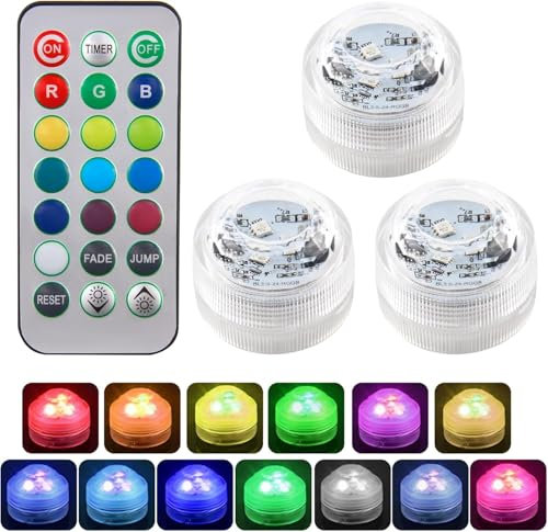 3 Pcs Mini Submersible LED Lights with Remote Control Waterproof RGB Colour Changing Tea Light for Ponds Pools Aquariums Fountains Gardens Party Decorations Battery Operated LED Pond Lights