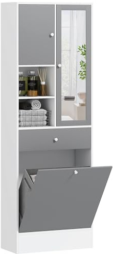 HOMCOM Meuble de Salle de Bain Haut avec Coffre a Linge et Miroir, Meuble de Rangement avec placards à Portes, 2 Compartiments Ouverts, tiroir et étagère réglable, 62 x 28,3 x 181 cm, Gris et Blanc