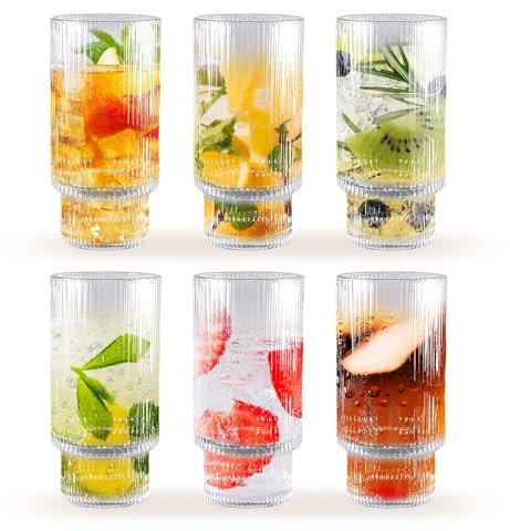 TOLASTO Ribbed Drinking Glasses Set of 6, 470 ML(16 Oz) Water Glasses,Vintage Glass Cups,Clear Glass Tumbler,Ribbed Glassware for Cocktail,Iced Coffee,Juice,Mojito,Decor,Gifts for Dad/Mom/Friend