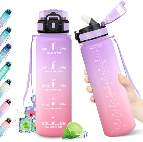 Borraccia 1L, Bottiglia con Indicatore del Tempo Motivazionale, Bottiglia con Cannuccia, Riutilizzabile, senza BPA, A Prova di Perdite, per Fitness, Scuola, Ufficio, Ciclismo, Alpinismo, Yoga