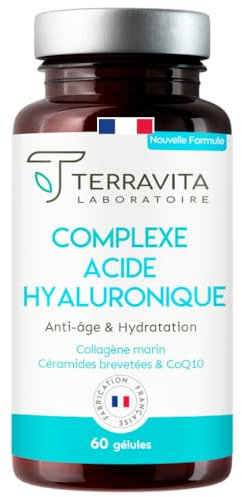 Complexe ACIDE HYALURONIQUE 200 mg | Avec Collagène Marin Peptan + Resvératrol + CoQ10 + Vit C | Formule Peau | Anti-âge, Anti-Rides, Hydratation et Elasticité | 60 Gélules Made in France | Terravita