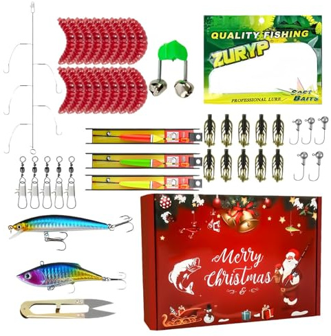 Kit de leurres de pêche - Accessoires de pêche de Noël - Ensemble d'accessoires d'appât - Pour l'extérieur, l'eau douce, rivière, lac, étang, vacances, famille, nuit, matin, camping, road trip