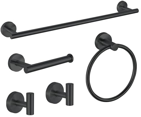 Lot de 5 Accessoires de Salle de Bain en Acier Inoxydable SUS304 de 60 cm, Porte-Papier Toilette, Anneau pour Serviettes, Crochet de Peignoir, Accessoire de Salle de Bain Mural pour Noir