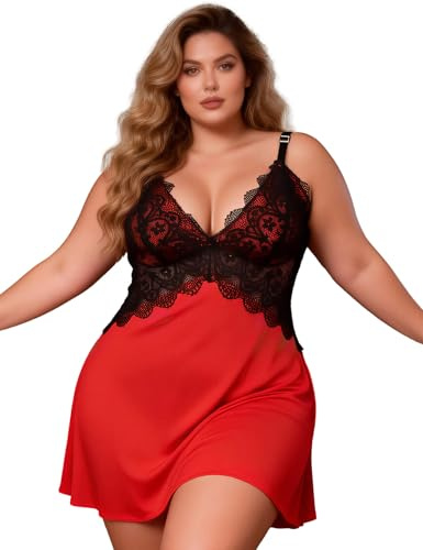 Nuisette Femme Romantique Chemise De Nuit Chic Grande Taille 5XL-6XL,Rouge