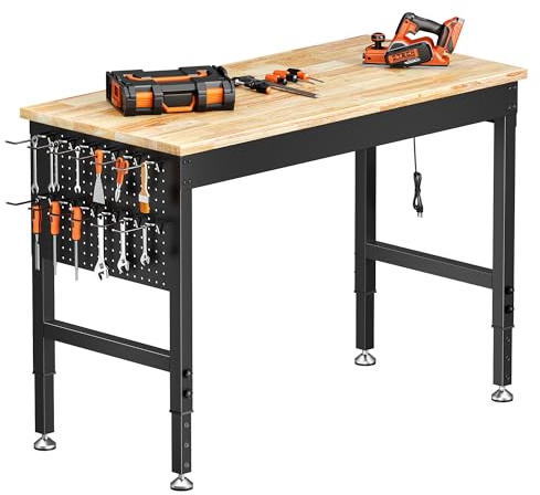 Banco de trabajo ajustable de alta resistencia de 121 x 60 cm, capacidad de carga de 2000 libras (907 kg), mesa de trabajo de madera de caucho con tablero de clavijas, regleta de alimentación