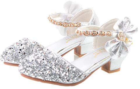 YOSICIL Mädchen Prinzessin Schuhe ELSA Glitzer Sandalen Flamenco Schuhe Mädchen Partei Kristall Schuhe Bowknot Hochzeitsschuhe Festschuhe Karneval Halloween Weihnachten Party,Mode02 Silber,28