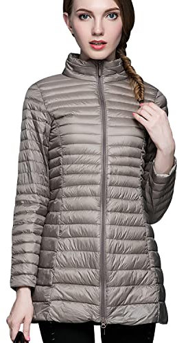 Lightweight Down Jacket Women Packable Ladies Puffer Jacket Long Puffer Coats for Women Puffa Jackets Oversized Longline Waterproof Womens Compressible Down Feather Coat Quilted Padded Jackets Khaki M