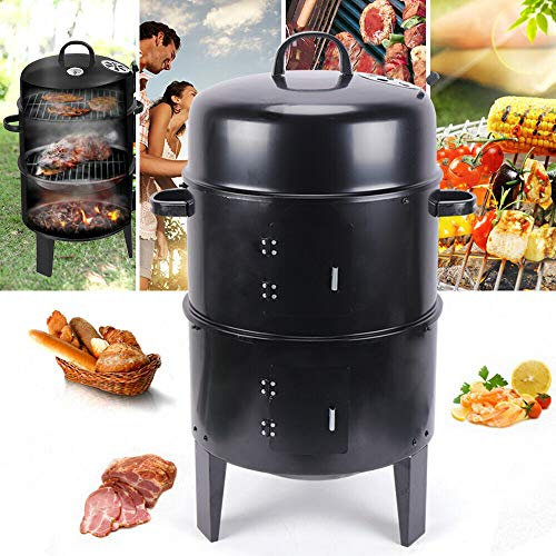 SHZICMY BBQ Räucherofen, 3in1 Holzkohlegrill Barbecue Räuchergrill, Multifunktionaler Doppelschicht Holzkohle Grill Abnehmbar, Smoker Räuchertonne mit Thermometer