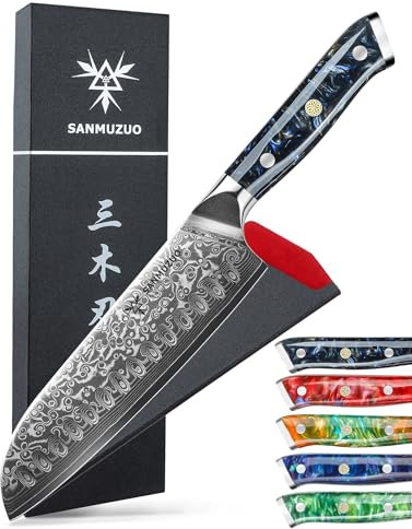 SANMUZUO Coltello Santoku Professionale - Coltello da Cucina 18 cm, Coltello di Acciaio Damasco da 67 Strati- Impugnatura Ergonomica Resina - Xuan Series (Starry Black)